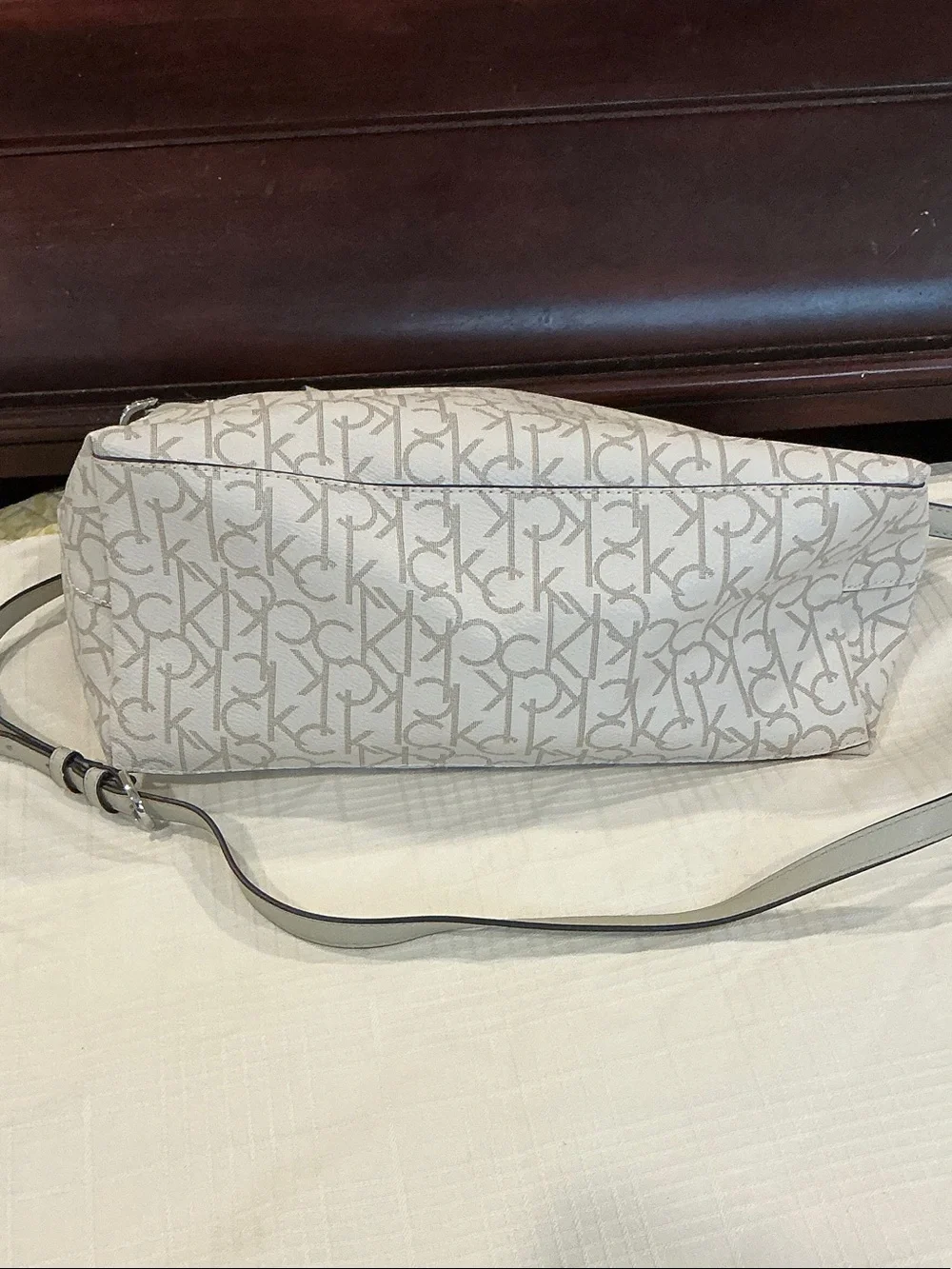 Calvin Klein White and Light Gray Logo Satchel with Crossbody Strap